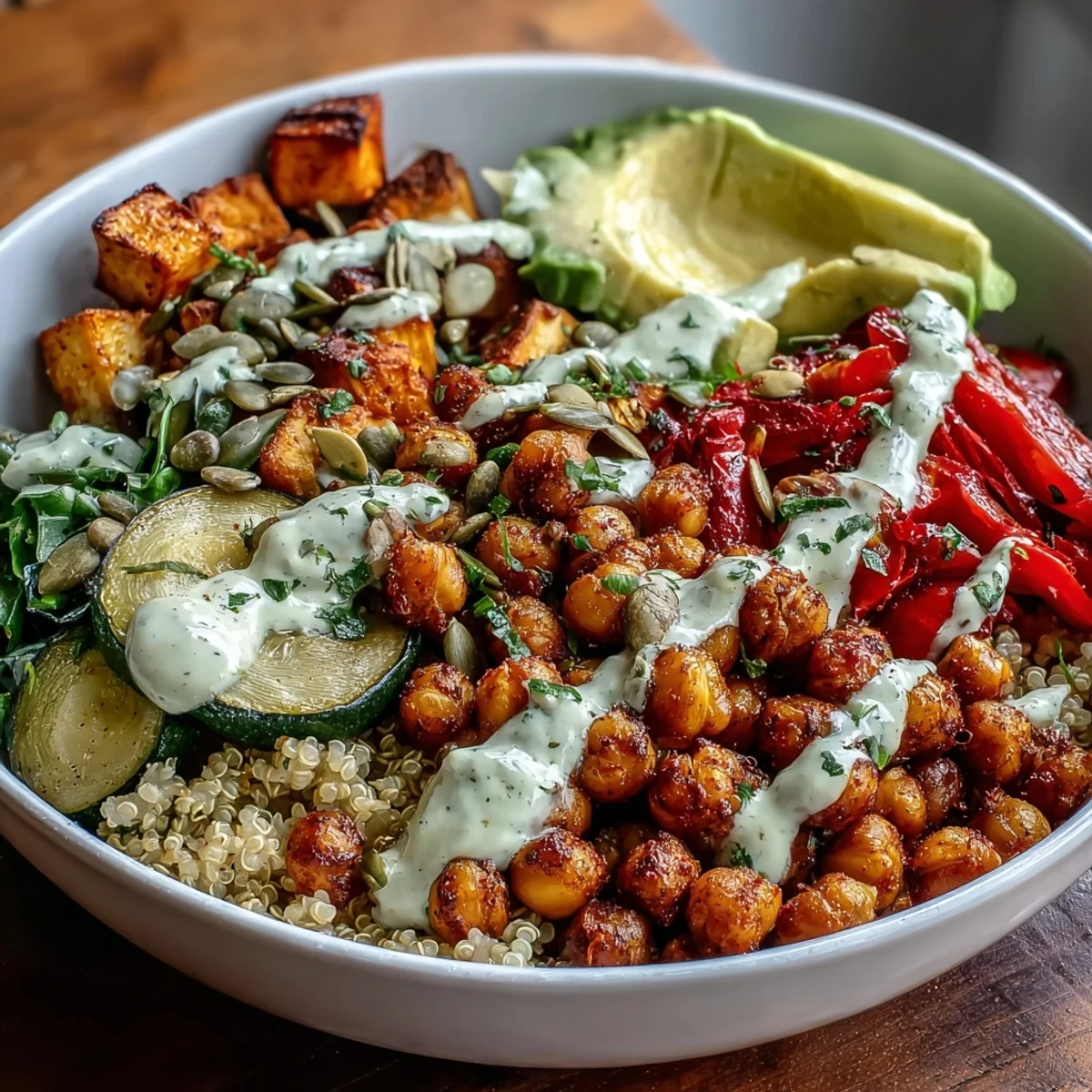 Close-up of the finished Chickpea Power Bowl, featuring spiced chickpeas, roasted vegetables, and a creamy tahini drizzle.