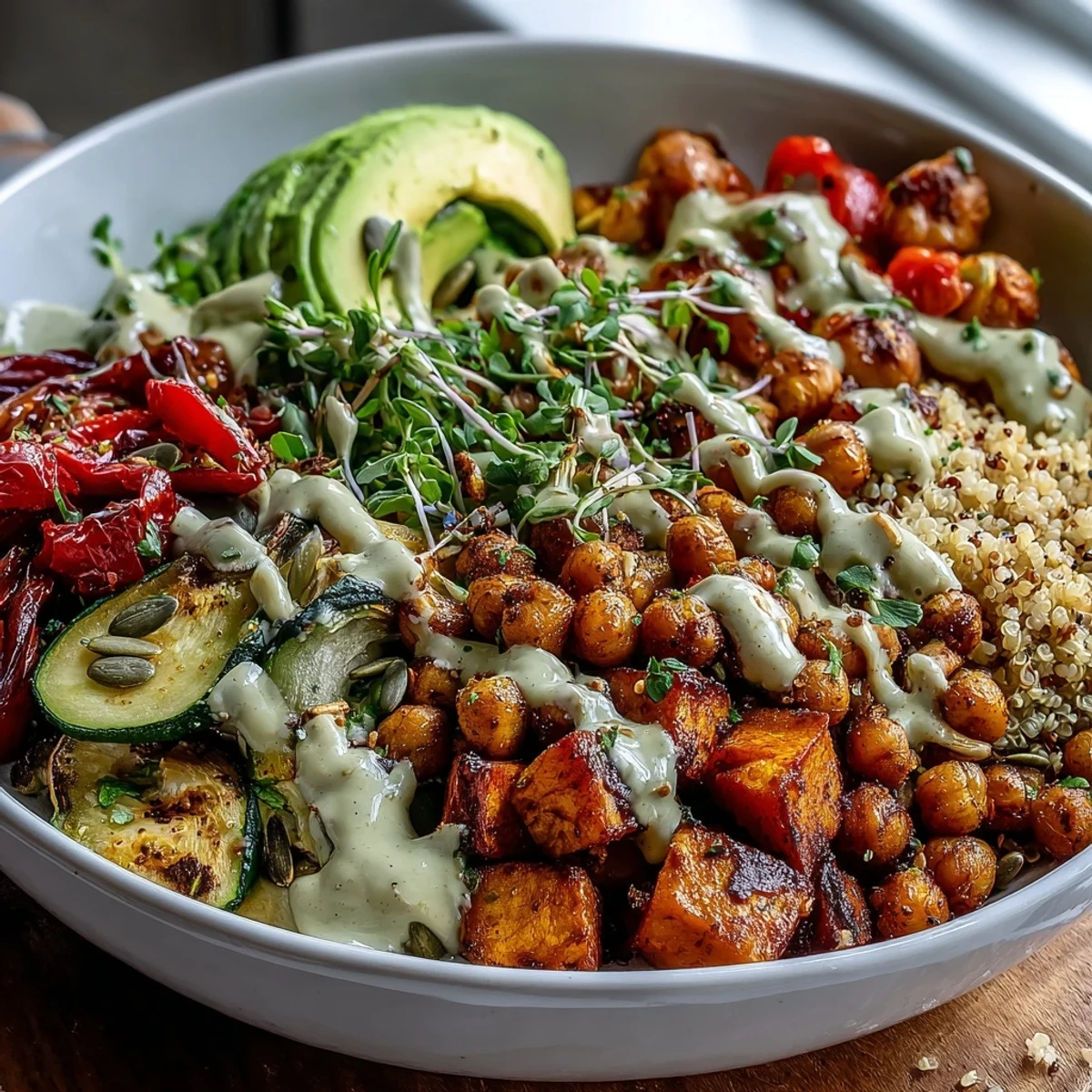 Vibrant Chickpea Power Bowl with quinoa, roasted sweet potatoes, bell peppers, and fresh avocado slices for a healthy lunch.