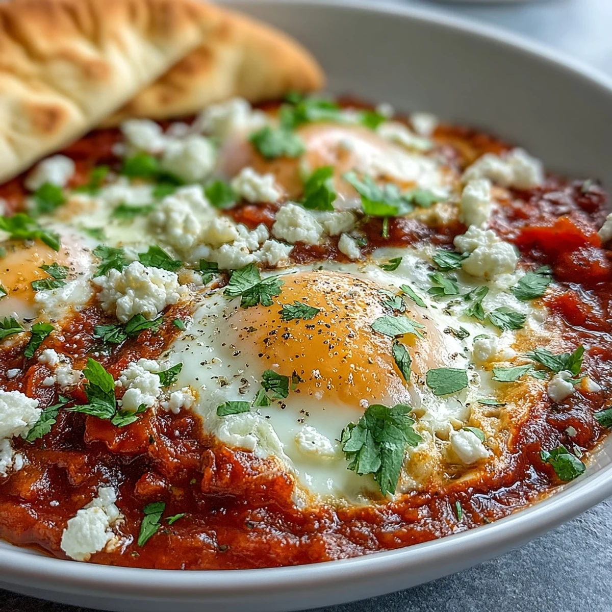 Close-up of Shakshuka Bowl with runny yolks in spiced tomato sauce, garnished with herbs and served with toasted pita.