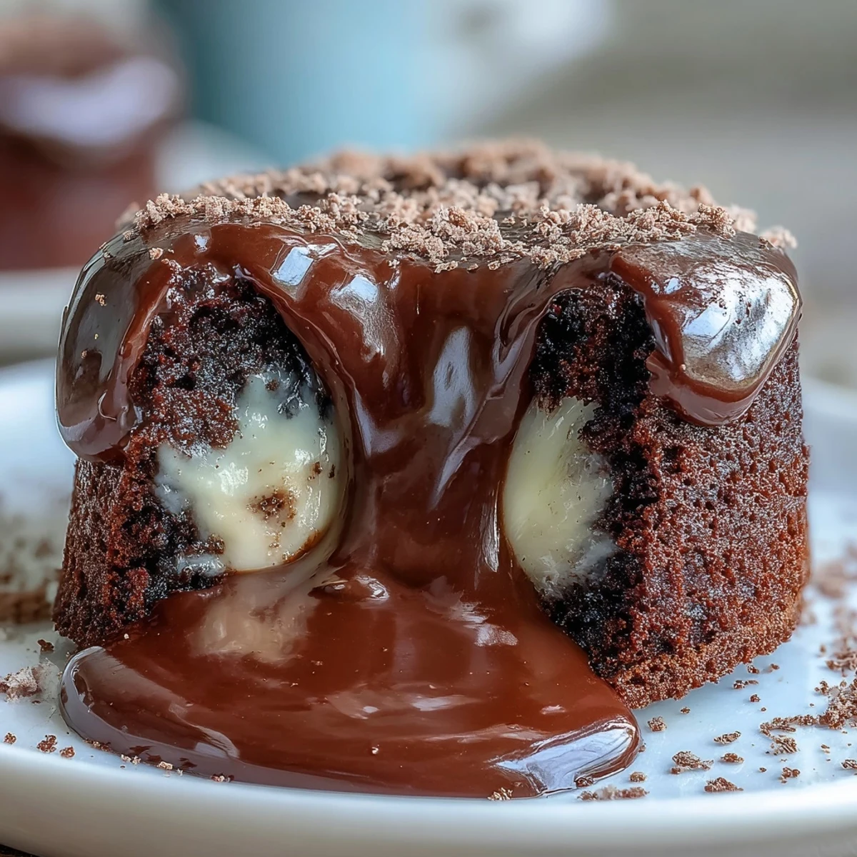 Golden Hojicha Lava Cake oozing molten roasted tea ganache from a cut, resting on a white plate with a dusting of powdered sugar. 