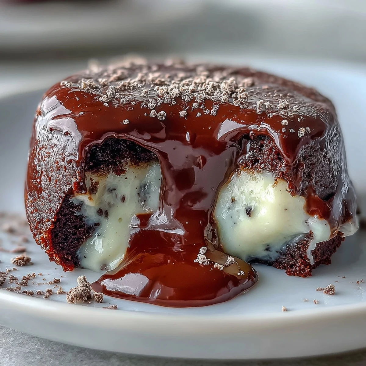 Freshly baked Hojicha Lava Cake served warm, revealing a creamy roasted green tea filling, accompanied by a scoop of vanilla ice cream.
