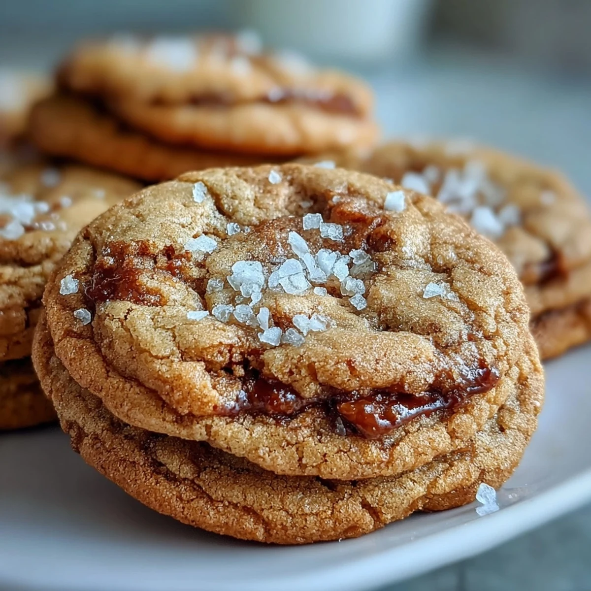 Warm Hojicha Brown Butter Cookies stacked on a white plate with tea for serving.
