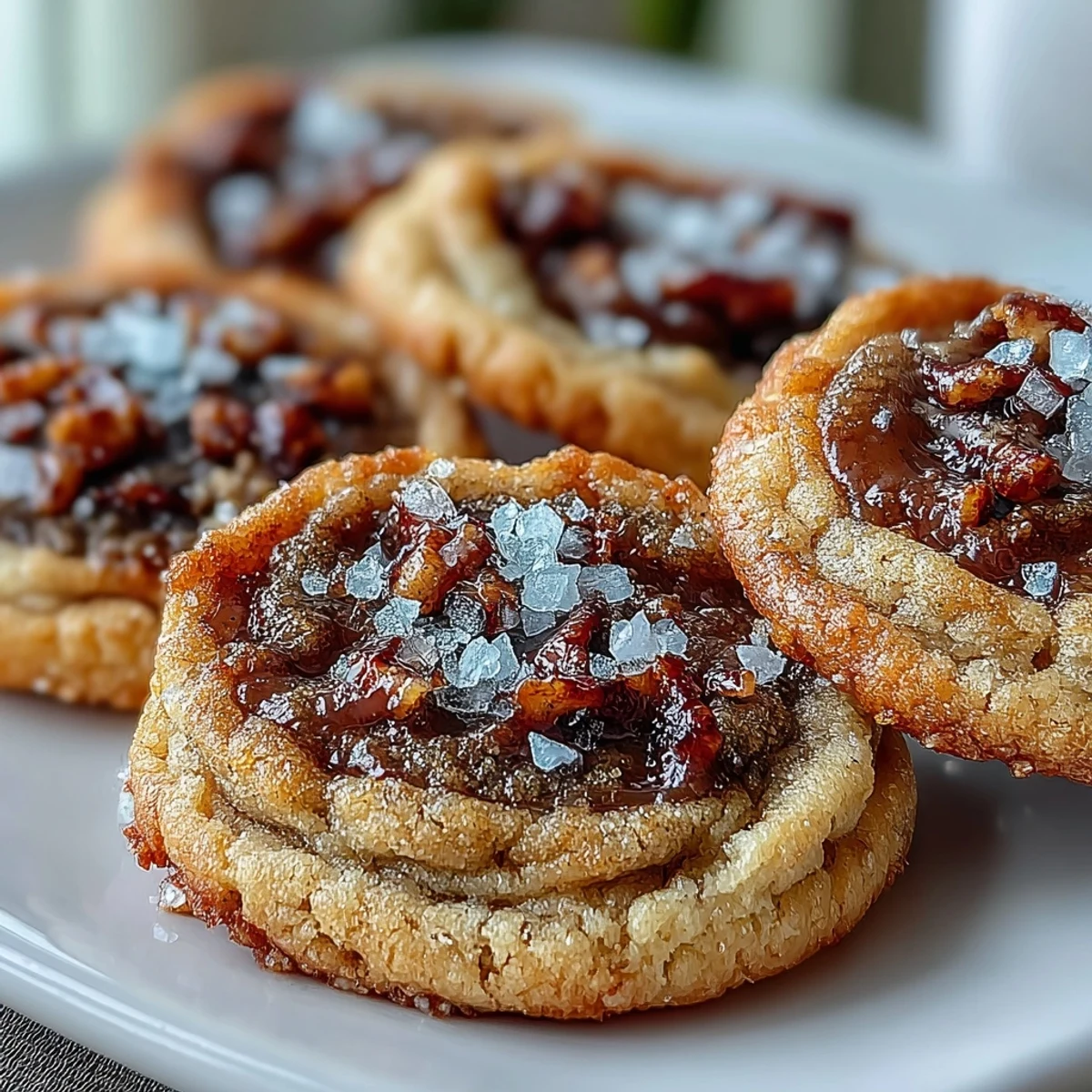 Hojicha Brown Butter Cookies cooling on a wire rack with a sprinkle of flaky sea salt.