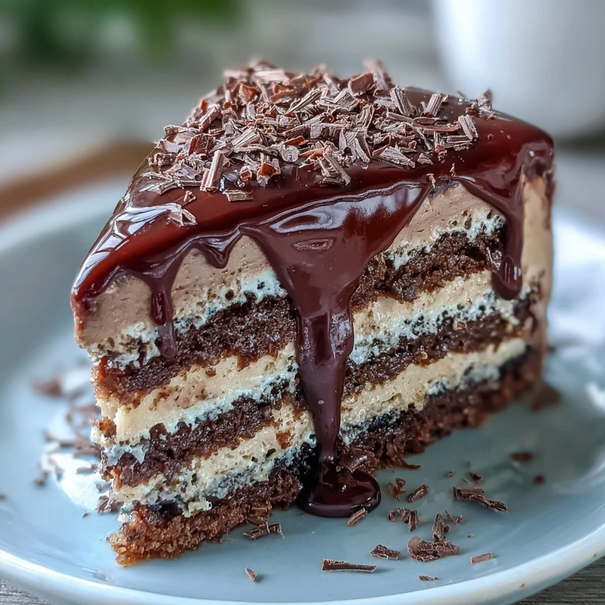 Hojicha Butter Cream Cake with rich dark chocolate ganache drip on a white plate