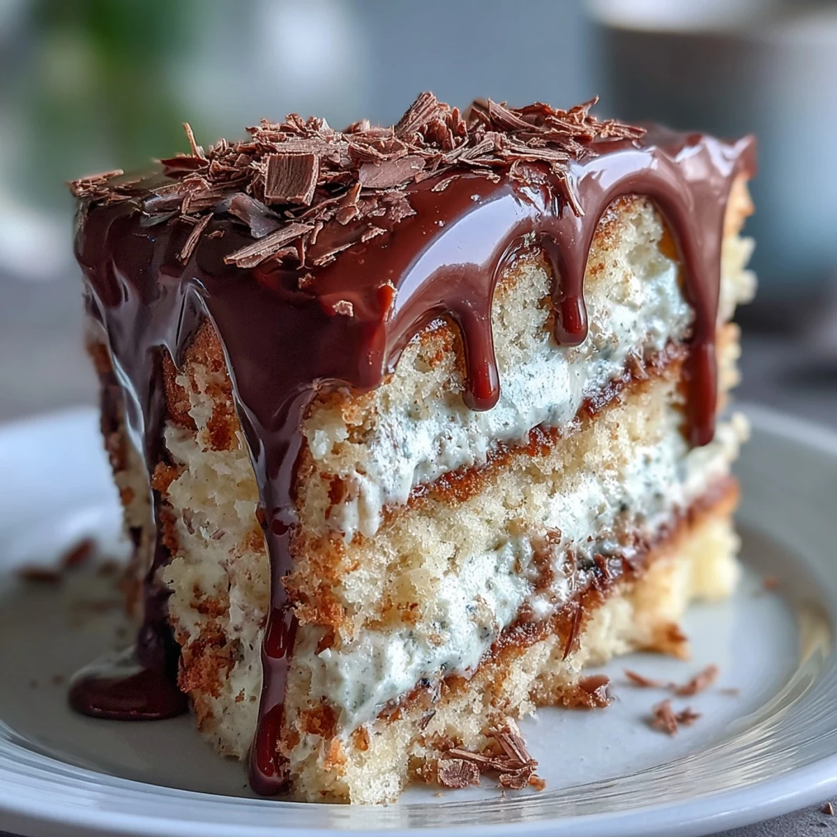 Two-layer Hojicha Butter Cream Cake garnished with chocolate shavings for a tea-time treat