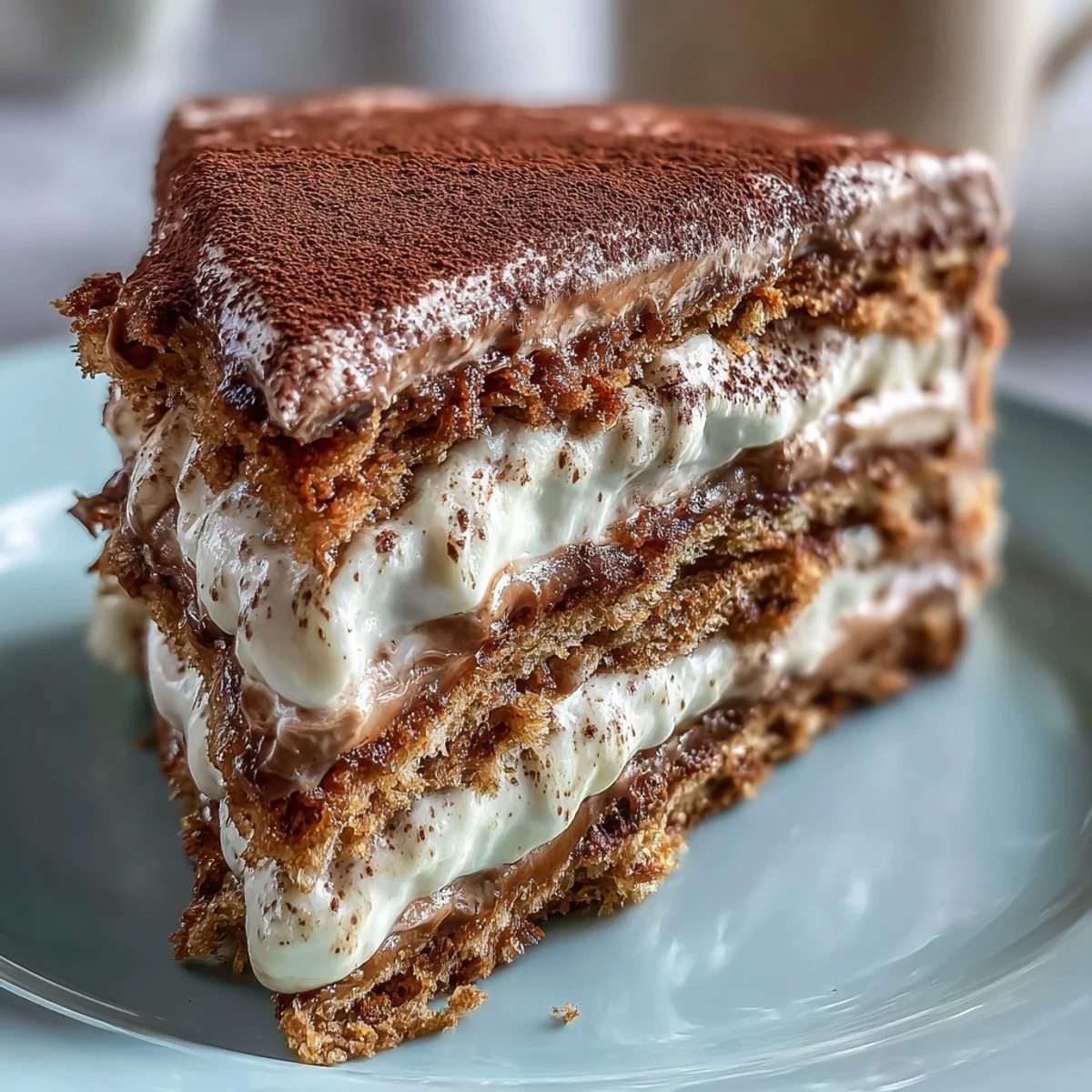 Golden-edged Fluffy Hojicha Cake sits on a marble platter, dusted with roasted tea powder.