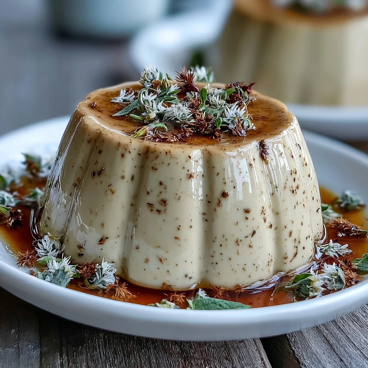 Spoon-ready Hojicha Panna Cotta plated beside a steaming cup of roasted tea for cozy pairing.
