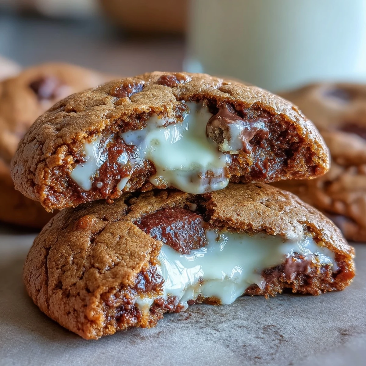 Golden-edged Hojicha Brownie Cookies are arranged on a rustic wooden board beside a steaming mug of tea.