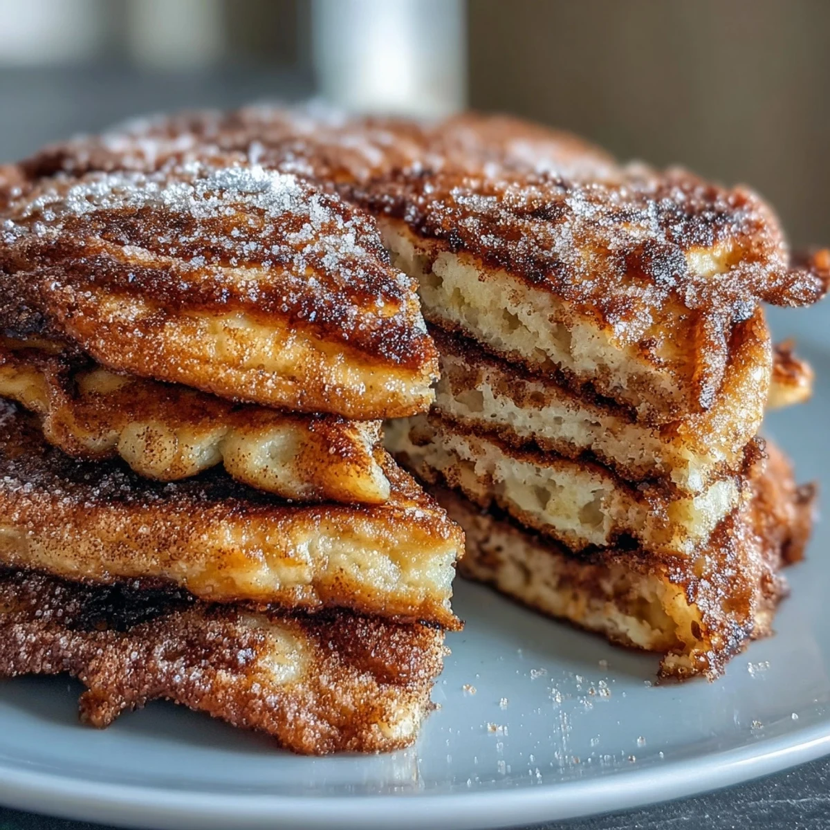 Fluffy Spanish Churro-Inspired Pancakes stacked high, dusted with cinnamon sugar and drizzled with warm chocolate sauce.