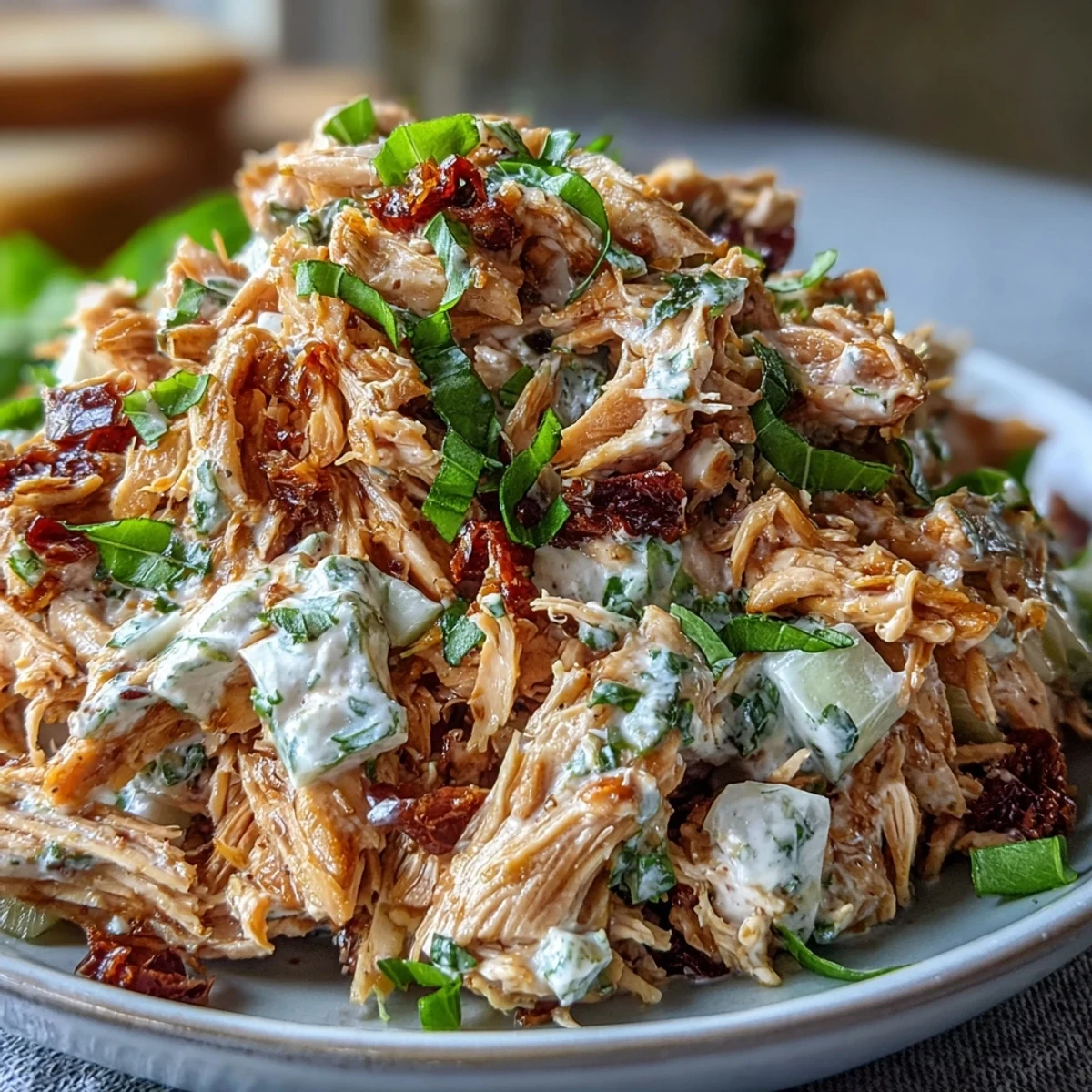 Close-up of shredded sun-dried tomato chicken salad with fresh basil, served for a high-protein lunch.