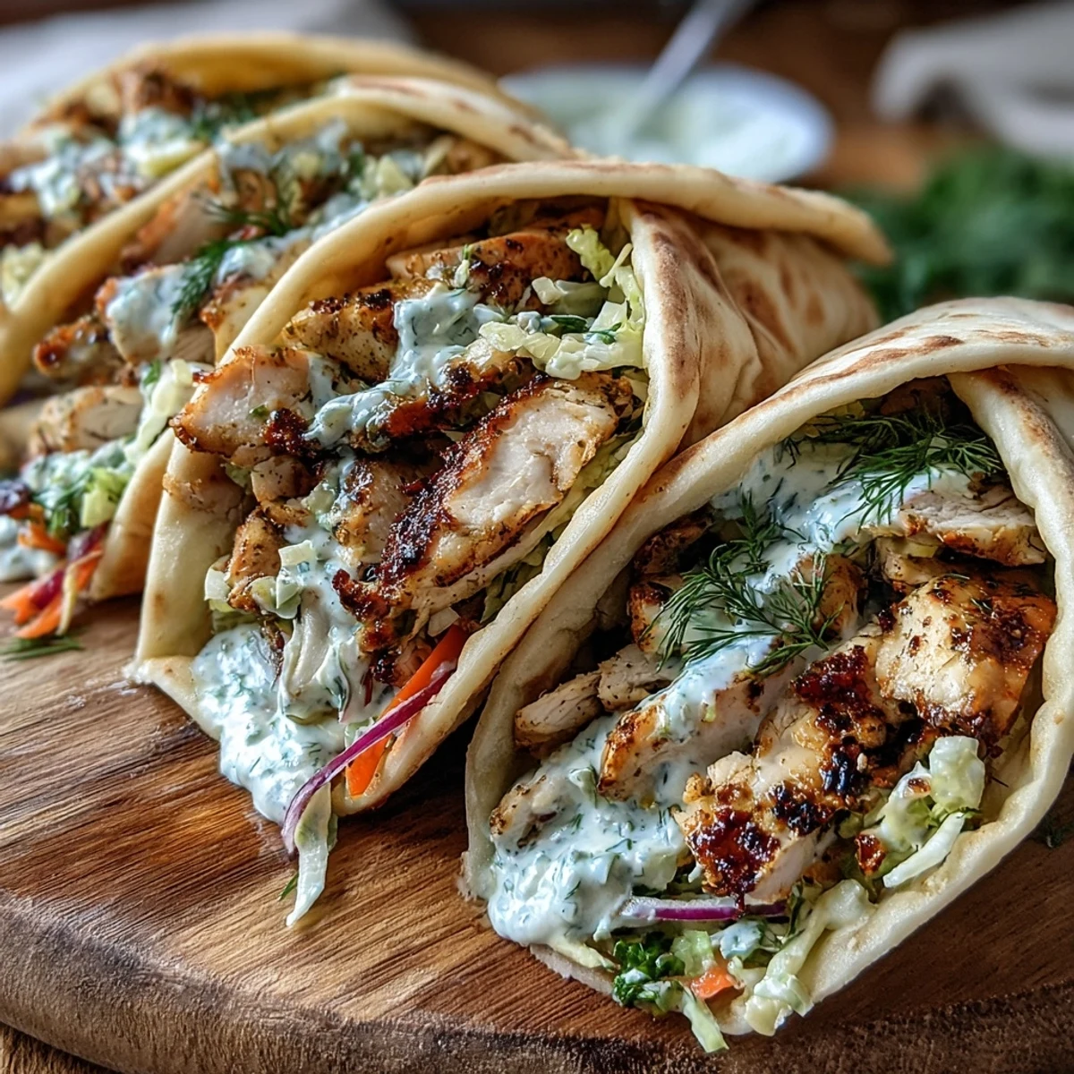 A handheld Flavor-Packed Chicken Pita topped with vibrant herbs, ready to serve for a quick lunch.