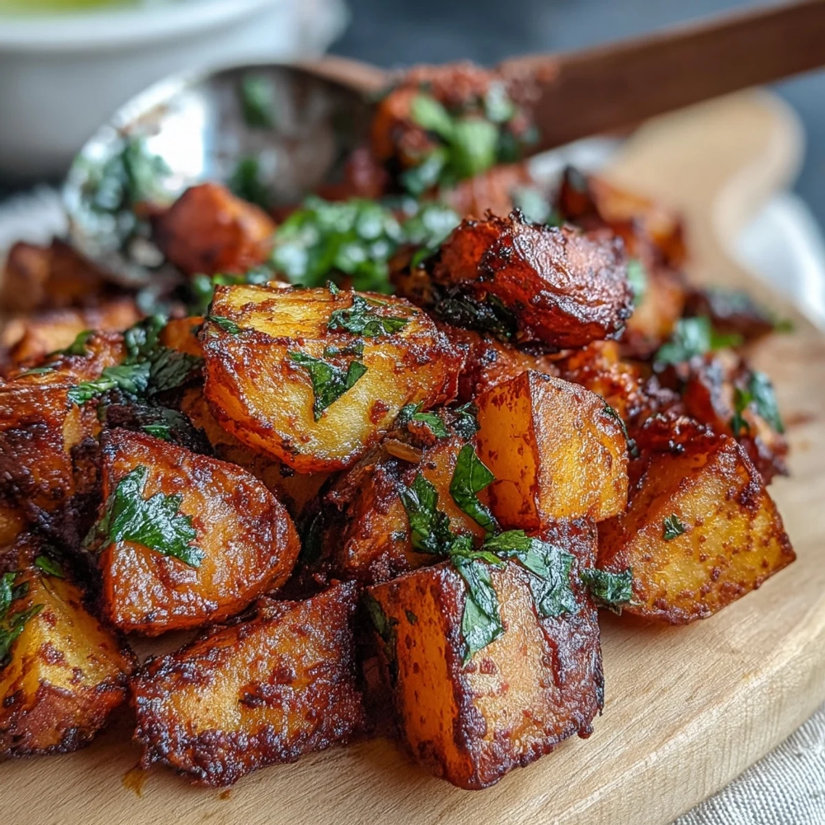 Golden-brown Spicy Mexican-Style Street Potatoes glistening with smoky spices and fresh cilantro garnish.