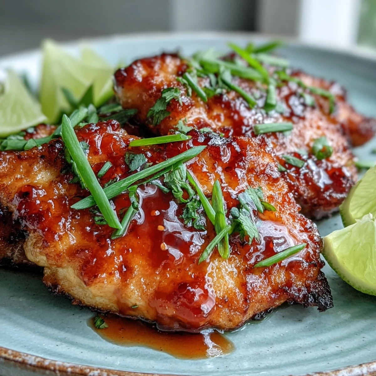 Thai Sweet Chili Chicken served over fluffy jasmine rice, garnished with fresh lime wedges and sliced green onions.