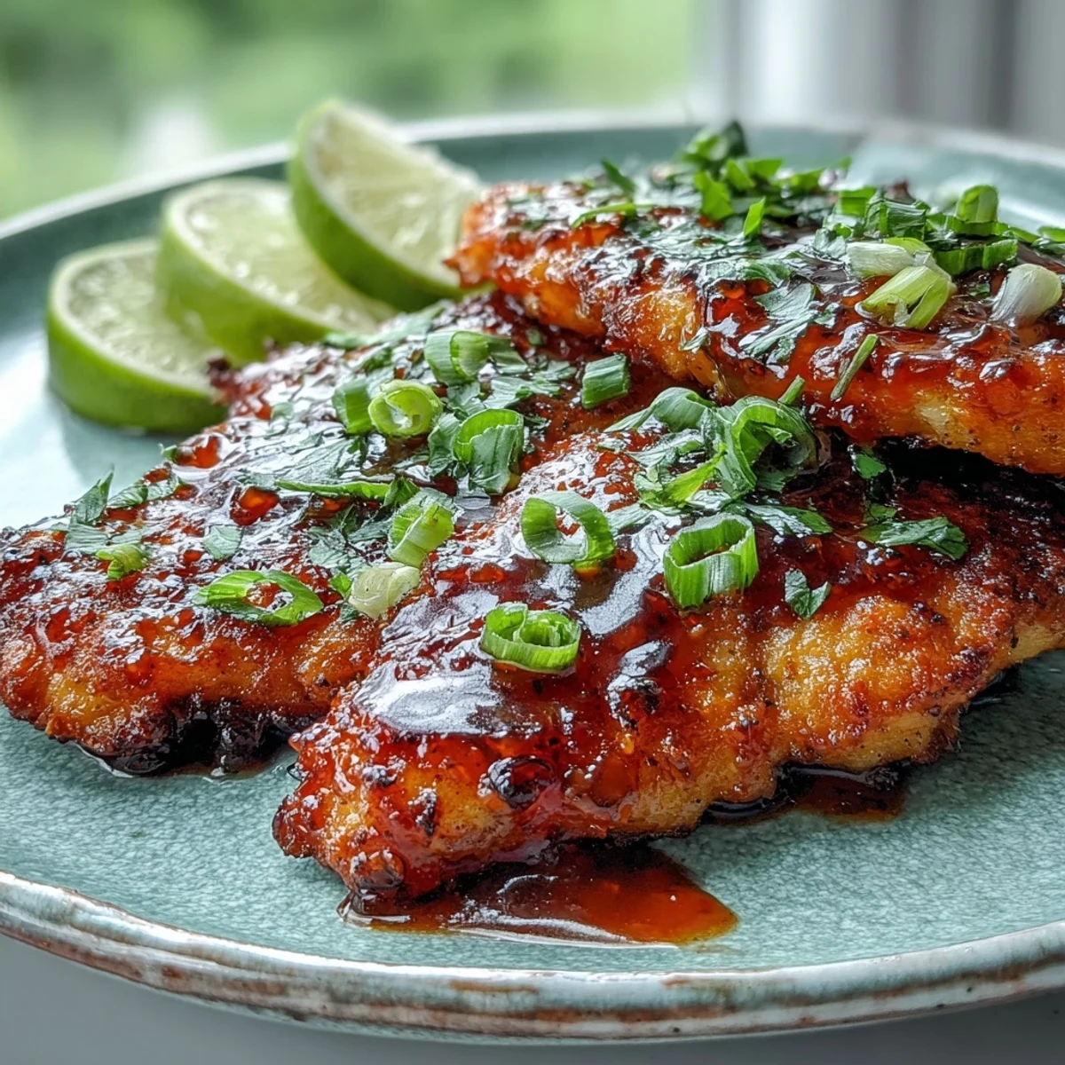 Pressure cooked Thai Sweet Chili Chicken cutlets simmered in a vibrant honey-lime glaze, ready to serve hot.