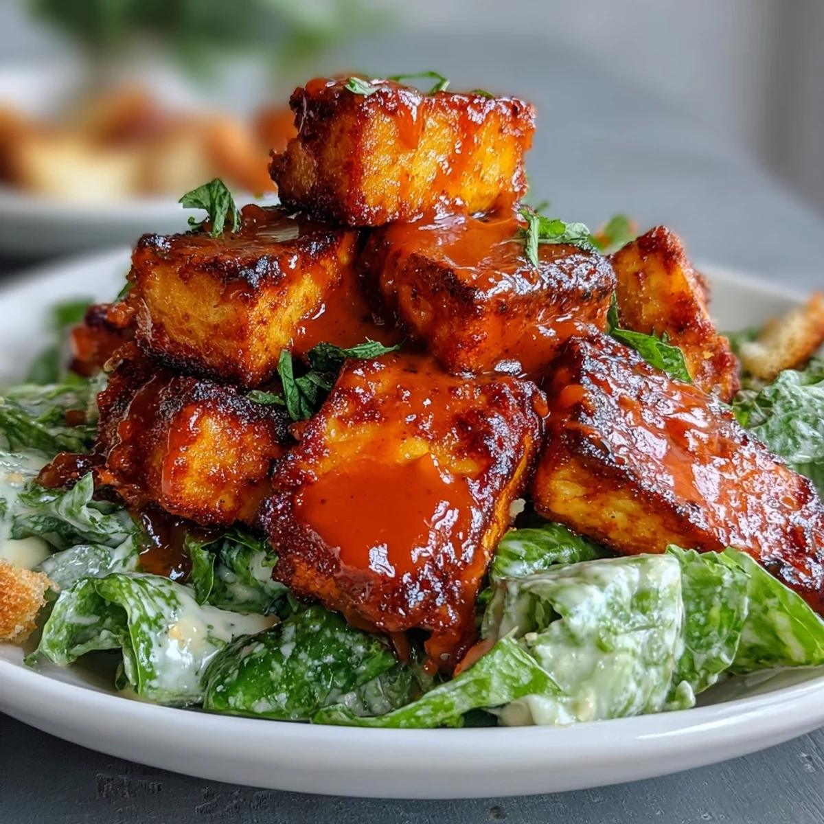 Golden crispy tofu bites coated in spicy buffalo sauce atop a creamy Caesar salad with croutons.