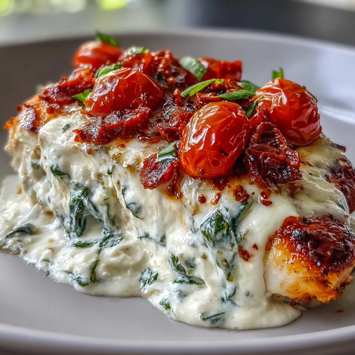Slices of tender High Protein Chicken Bake reveal creamy Greek yogurt and spinach layers, ideal for a healthy gluten-free dinner.