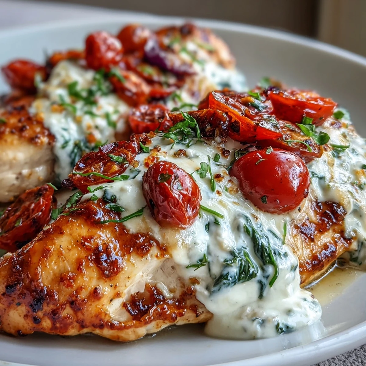 Golden-brown High Protein Chicken Bake topped with bubbling mozzarella, fresh spinach, and blistered cherry tomatoes served in a white baking dish.