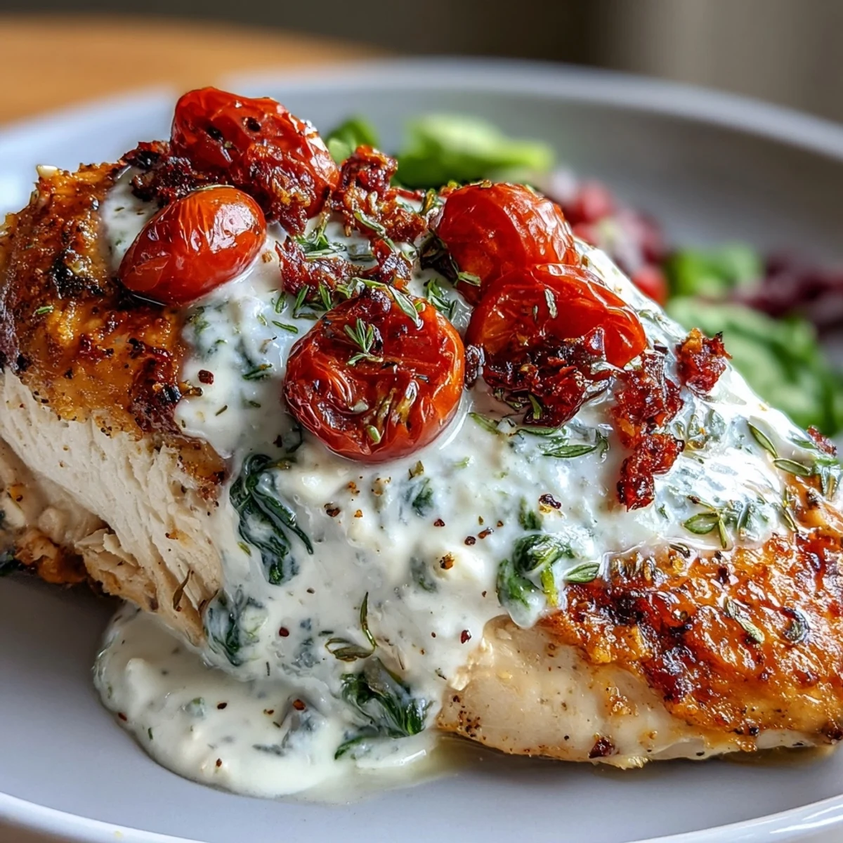 A close-up of High Protein Chicken Bake shows juicy chicken breasts covered in melted cheese and vibrant red tomatoes.
