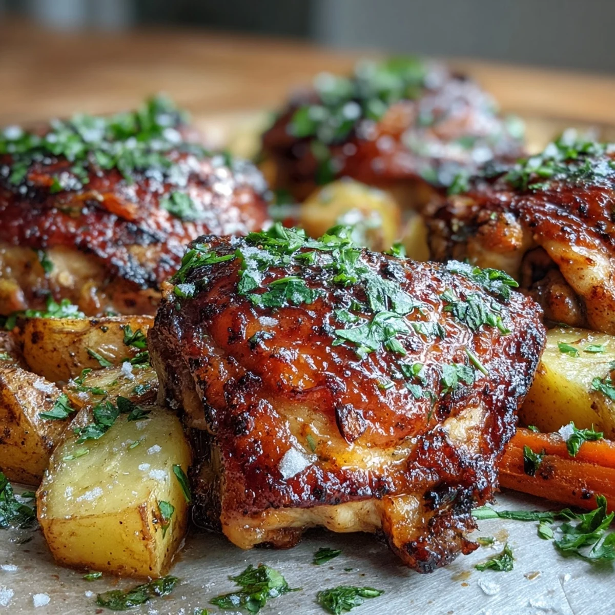Golden-brown Crispy Ranch Sheet Pan Chicken & Veggies roasted with tender potatoes and bright carrots, served hot on a baking sheet.  