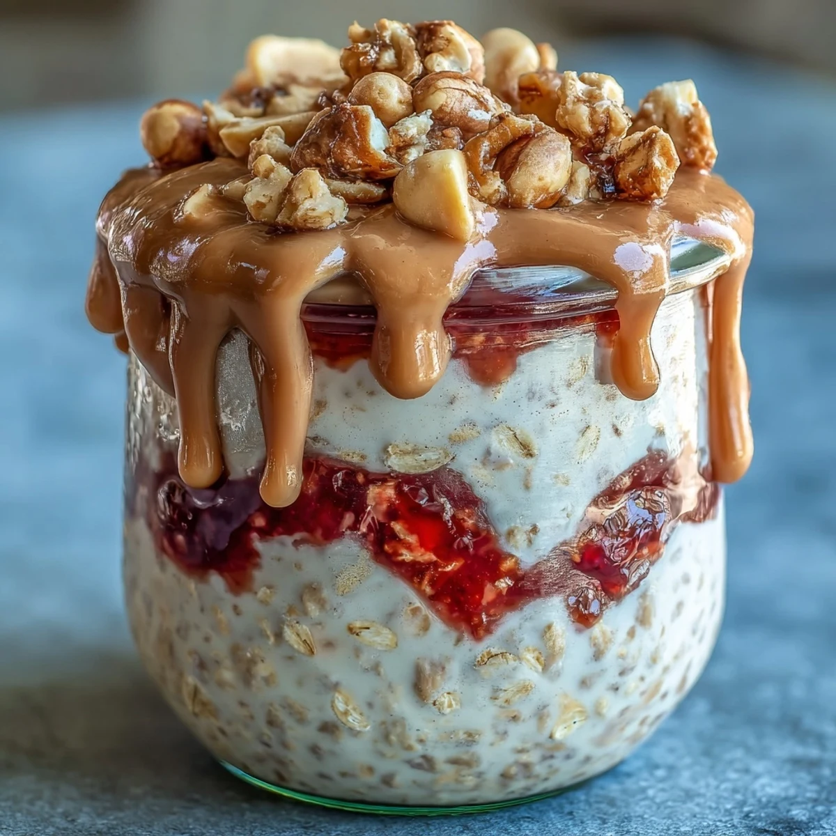 A jar of High-Protein Peanut Butter & Jelly Overnight Oats layered with vanilla protein and thick homemade jam.  