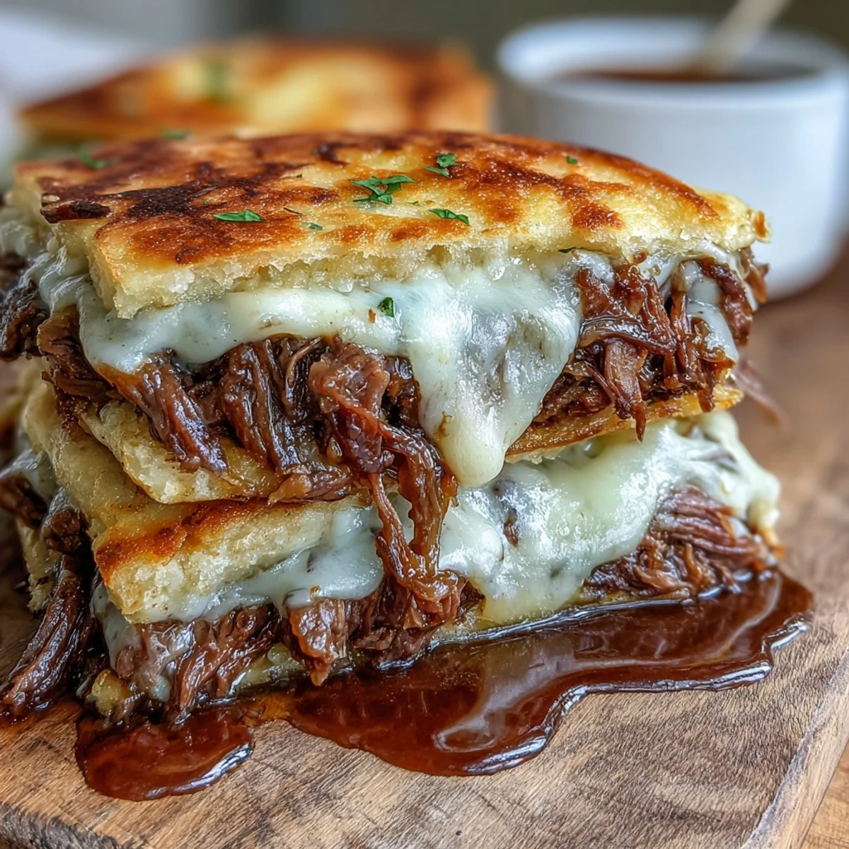 Golden, melty mozzarella blankets tender pot roast inside soft garlic naan, creating a comforting fusion melt perfect for a family dinner.