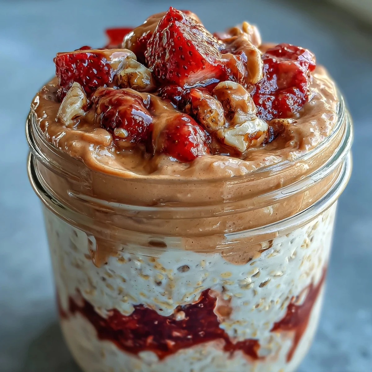 A spoonful of creamy High-Protein Peanut Butter & Jelly Overnight Oats reveals a perfect blend of rolled oats, vanilla protein, and sweet strawberry jam.