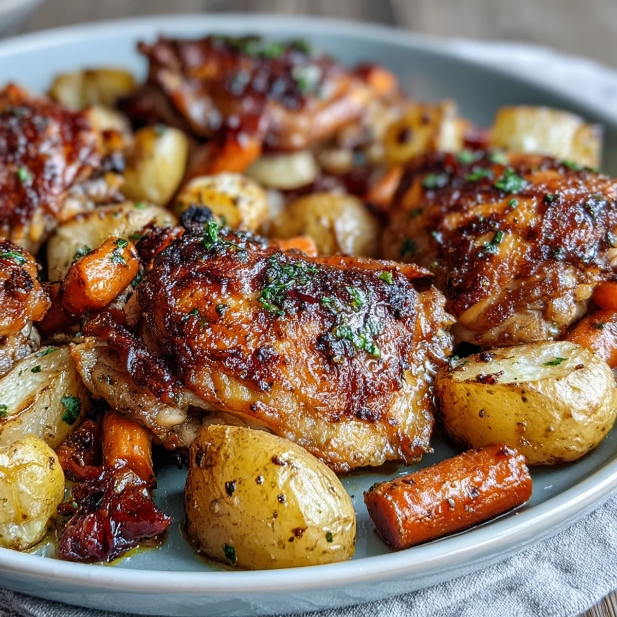 Close-up of Crispy Ranch Sheet Pan Chicken & Veggies, highlighting crispy chicken skin and seasoned, golden potatoes.