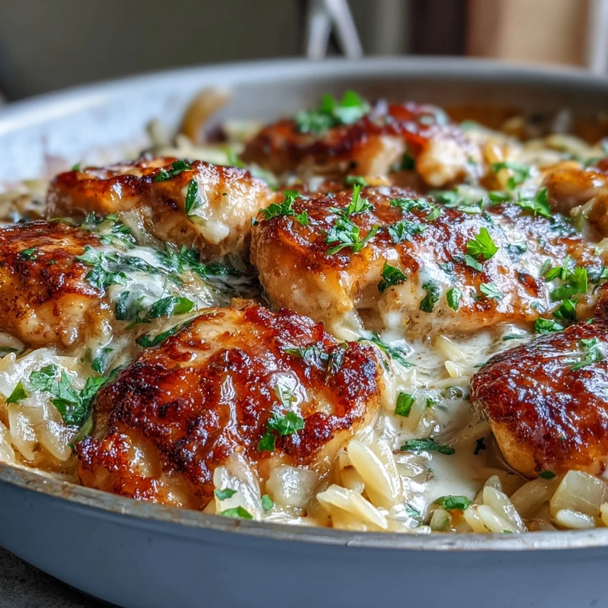 Golden seared chicken and creamy orzo pasta coated in a rich garlic Parmesan sauce, garnished with fresh parsley.