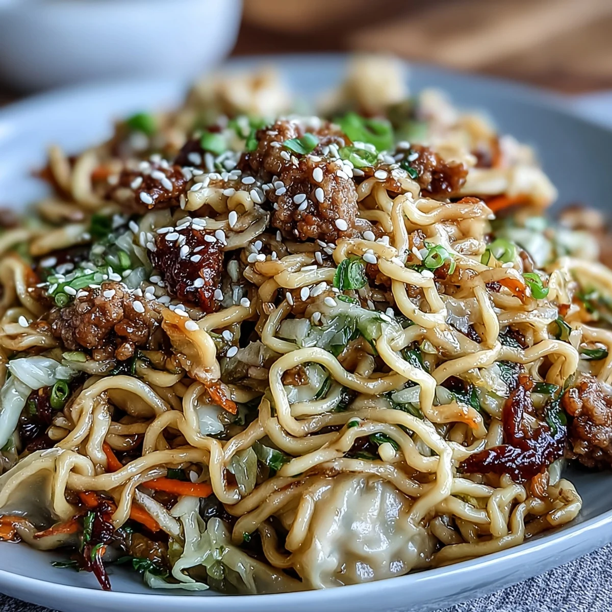 Creamy Potsticker Noodle Stir-Fry topped with sesame seeds and green onions served in a white bowl on a dark surface.