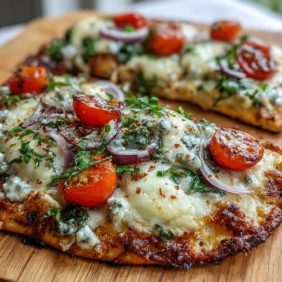 Golden-brown Crispy Garlic Parmesan Naan Pizza fresh from the oven, topped with melted mozzarella, halved cherry tomatoes, and fresh spinach leaves.