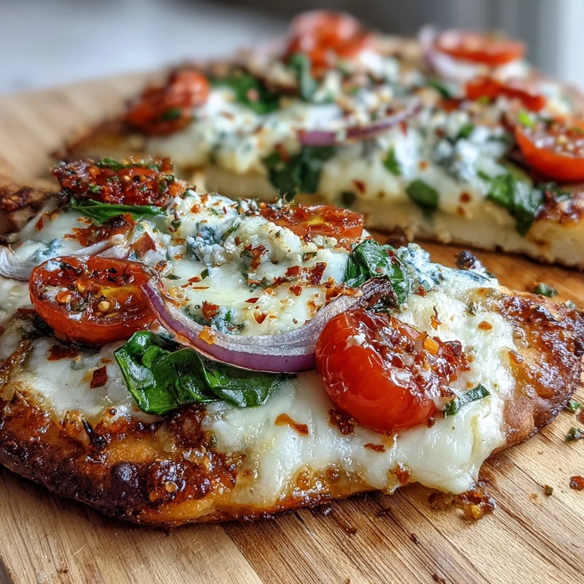 Brushed with garlic butter and sprinkled with Parmesan, this fusion Crispy Garlic Parmesan Naan Pizza is topped with red onion and fresh herbs.