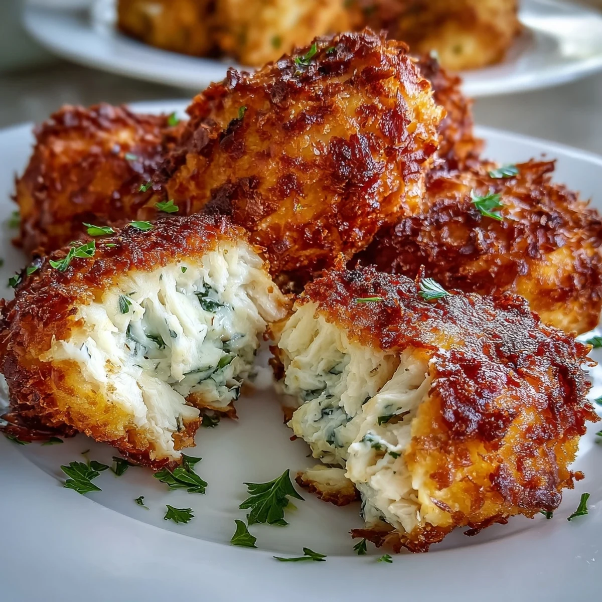 Golden-baked Asiago Panko Chicken Bites arranged on a serving plate, showing crispy breading and tender interiors.