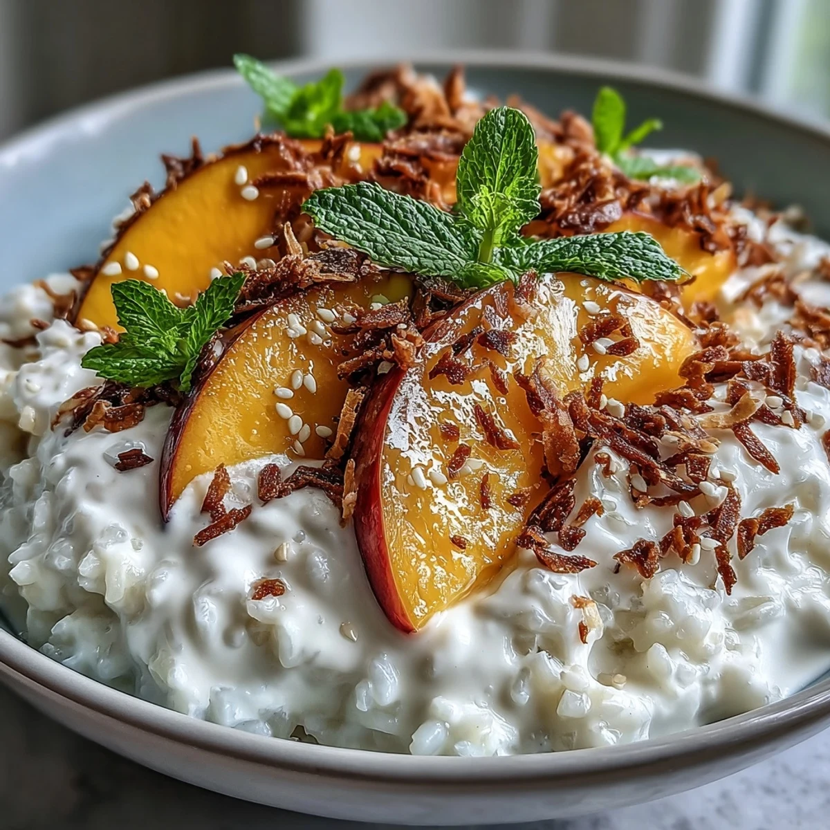 Ripe mango slices on sticky rice, drizzled with coconut cream in Vegan Mango Sticky Rice Breakfast Bowls with Coconut Cream.