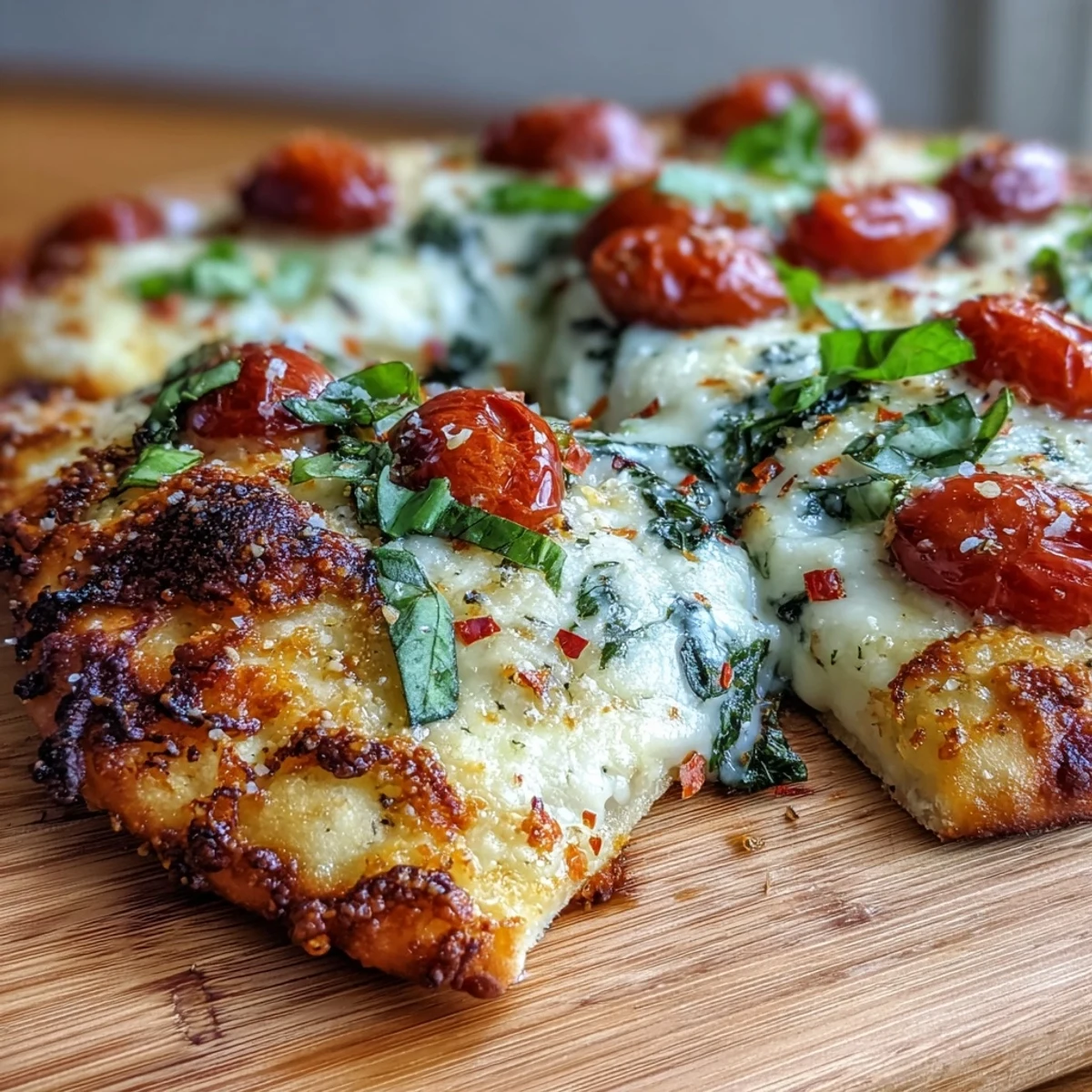 Golden, crispy Garlic Parmesan Naan Pizza fresh from the oven, topped with melted mozzarella, bright cherry tomatoes, and fresh spinach leaves.