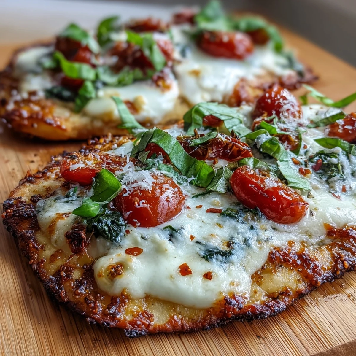 A slice of Garlic Parmesan Naan Pizza being lifted, revealing the savory layers of sauce, veggies, and garlic butter.