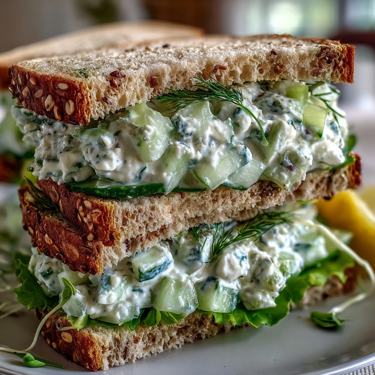 Fresh diced English cucumbers and creamy feta mixture on whole-grain bread for a quick lunch.