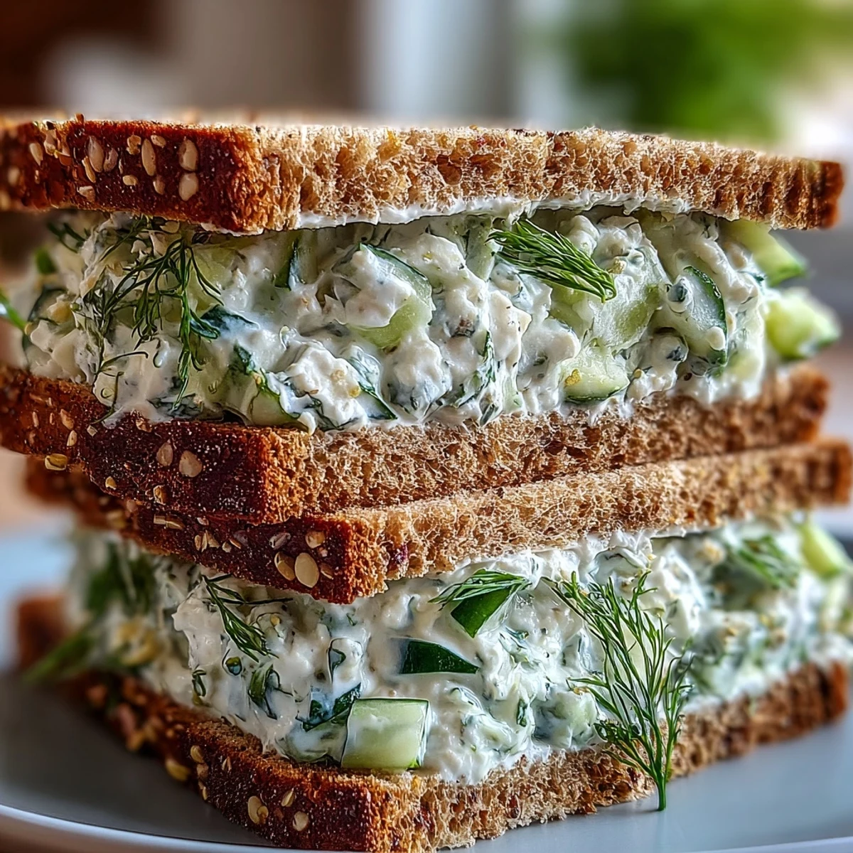Easy Cucumber Salad Sandwiches layered with alfalfa sprouts and red onion for crisp, fresh flavor.