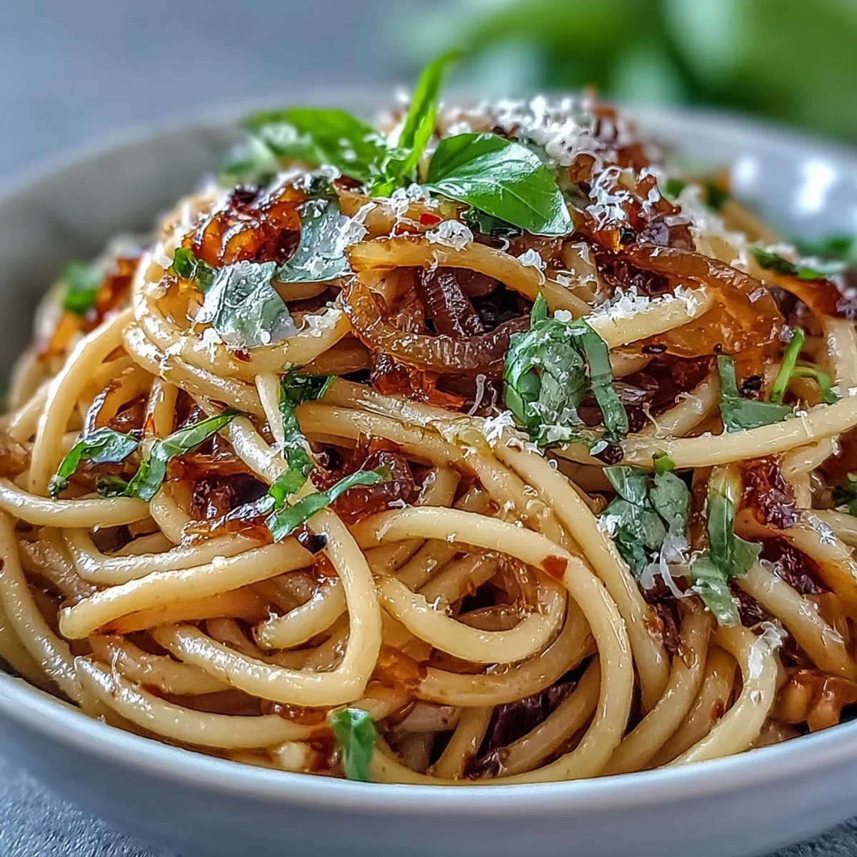 Golden strands of Caramelized Onion Pasta with Chili Oil are twirled on a fork, showcasing sweet onions and a vibrant red chili oil drizzle.