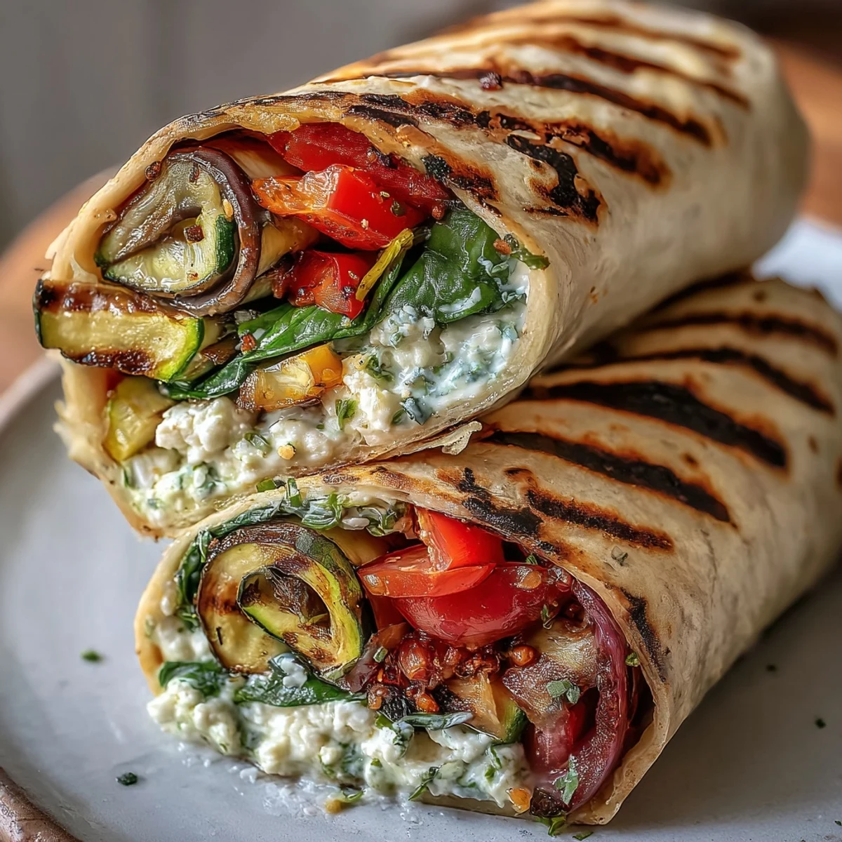 Smoky grilled zucchini, bell peppers, and eggplant wrapped in whole wheat tortillas with creamy hummus and tangy feta.