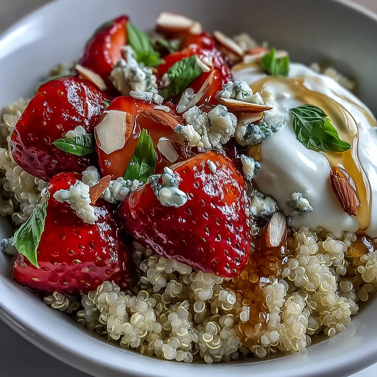 A colorful strawberry basil breakfast quinoa bowl with fresh berries, fragrant herbs, and a drizzle of vegan honey for a nourishing morning meal.  