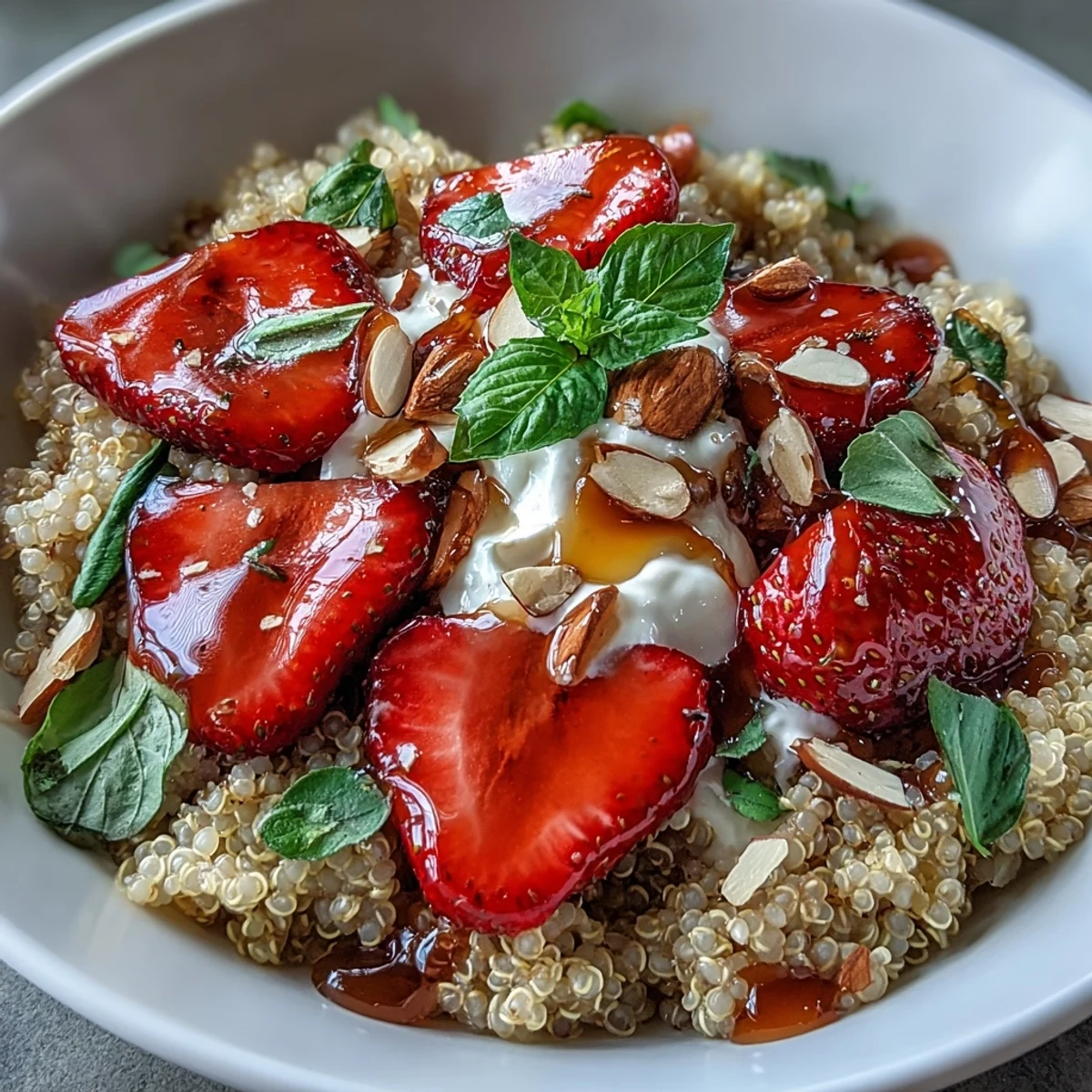 Fluffy quinoa topped with juicy strawberries, aromatic basil, and creamy plant-based yogurt, garnished with almonds and chia seeds for added texture.  
