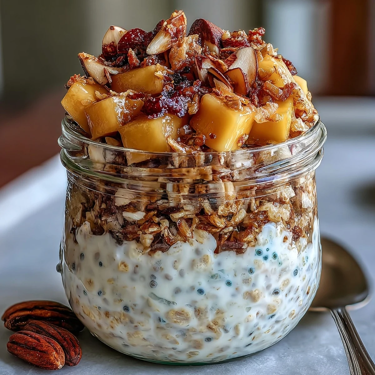 Bright and refreshing mango chia overnight oats topped with golden toasted coconut and fresh diced mango.