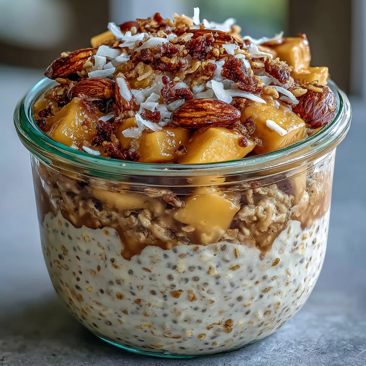 Creamy coconut milk overnight oats with juicy mango chunks and a satisfying toasted coconut crunch topping.