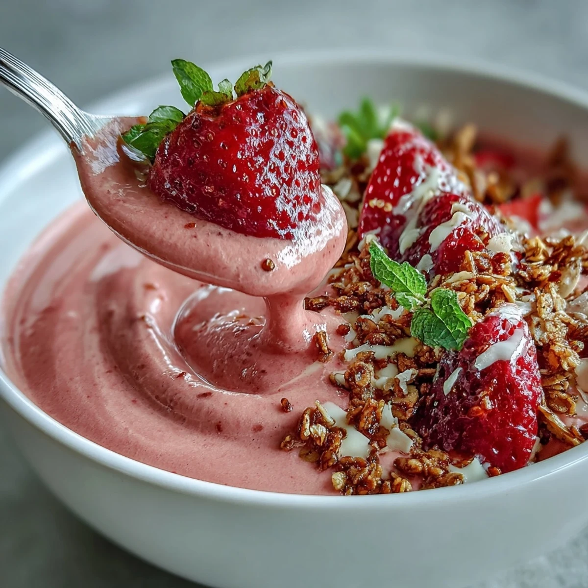A thick, creamy smoothie bowl with hidden cauliflower, sweet strawberries, and protein, garnished with coconut and pumpkin seeds.