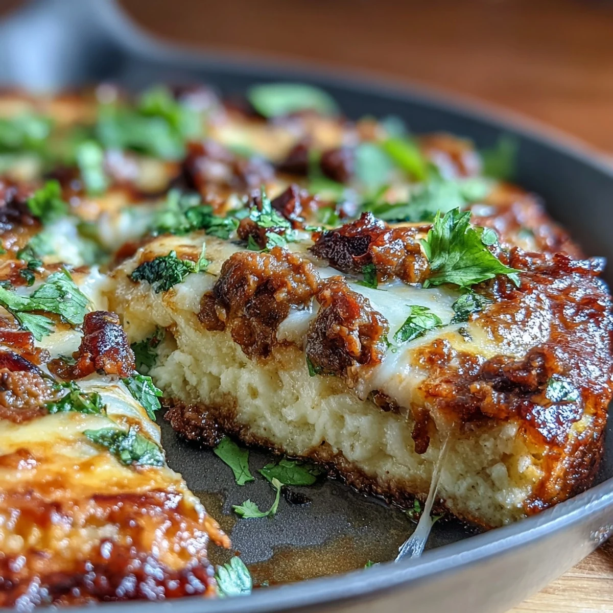 Low-carb taco skillet featuring golden cauliflower crust loaded with savory taco meat and fresh diced tomatoes.