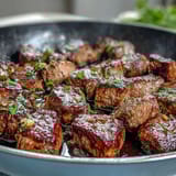 Tender steak cubes seared in garlic butter, infused with aromatic herbs for a mouthwatering one-pan meal.  
