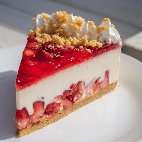 A slice of creamy strawberry shortcake cheesecake topped with vibrant strawberries and crumbly topping.