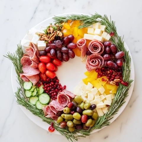 A Quick Christmas Charcuterie Wreath Board overflowing with colorful cheeses, meats, and fresh garnishes.