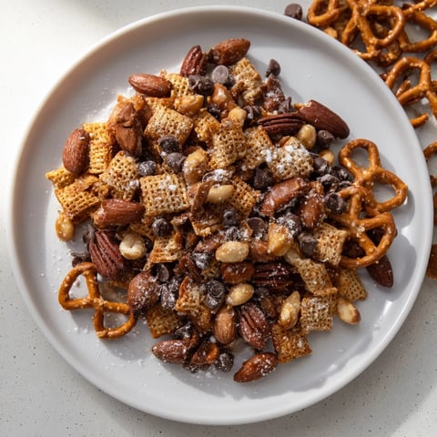 Golden-brown Festive Pine Cone Snack Mix piled high and ready for serving with holiday cheer.