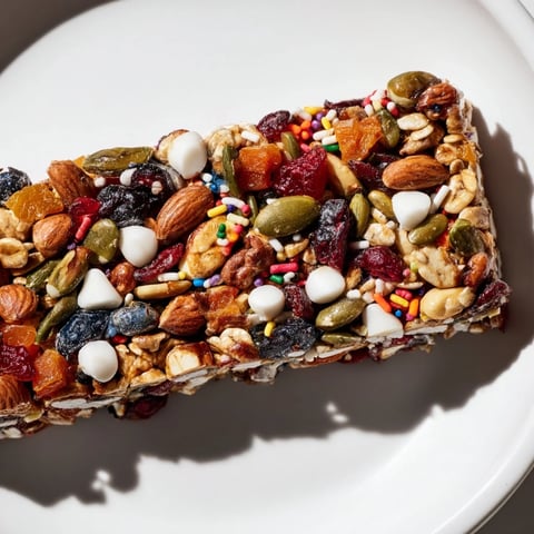 Winter Wonderland Trail Mix Bar: a close-up of a festive, golden-brown snack bar with white chocolate drizzle.